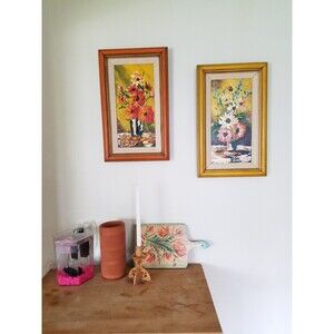 Vintage Floral Oil Paintings: Burnt Orange & Yellow Still Life, Set of 2